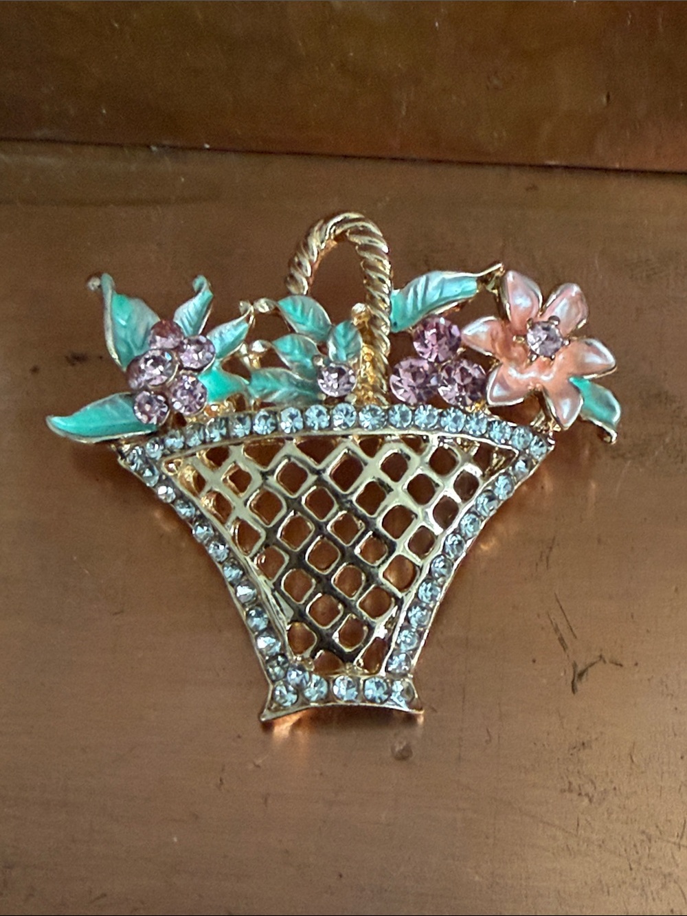 Gold Floral Basket Brooch with Pink and Green Accents